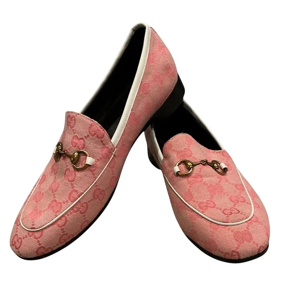 Gucci Jordaan Loafers Pink GG Monogram Canvas Horsebit Shoes IT 41 Mens 8 US